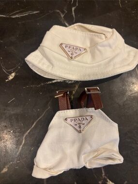Prada  Cream Bucket Hat & Cream Harness with Brown Straps for Labubu doll /17cm